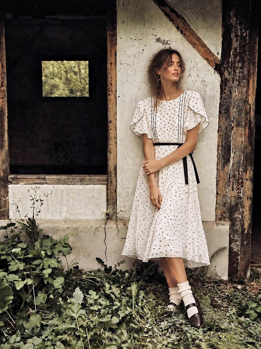Vintage 70s Prairie Peasant Flutter Sleeve Cottagecore Romantic Folk Midi Dress